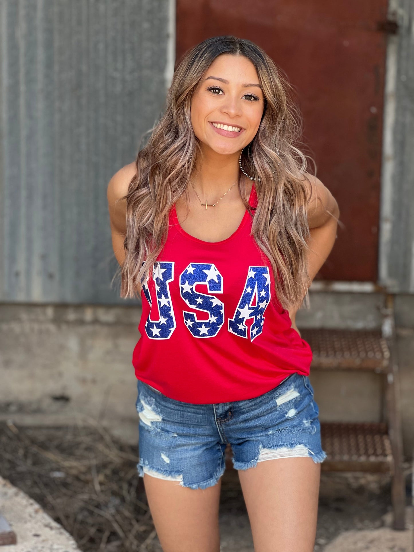 USA Tee & Tank with Stars in Blue Glitter