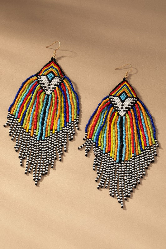 6.5 inch Aztec seed bead statement drop earrings