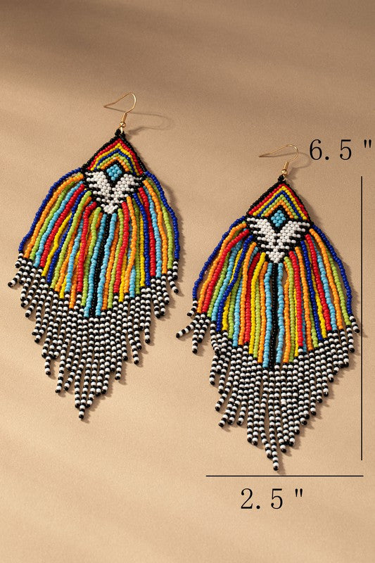 6.5 inch Aztec seed bead statement drop earrings