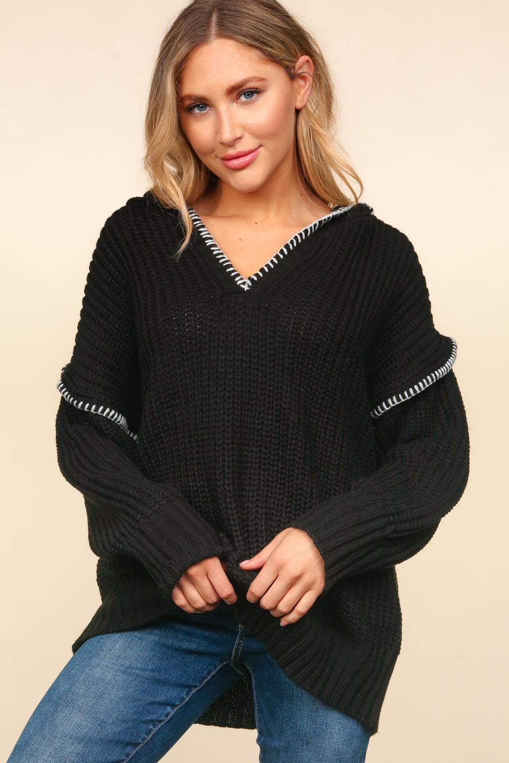 Notched Neck Long Sleeve Hooded Pullover