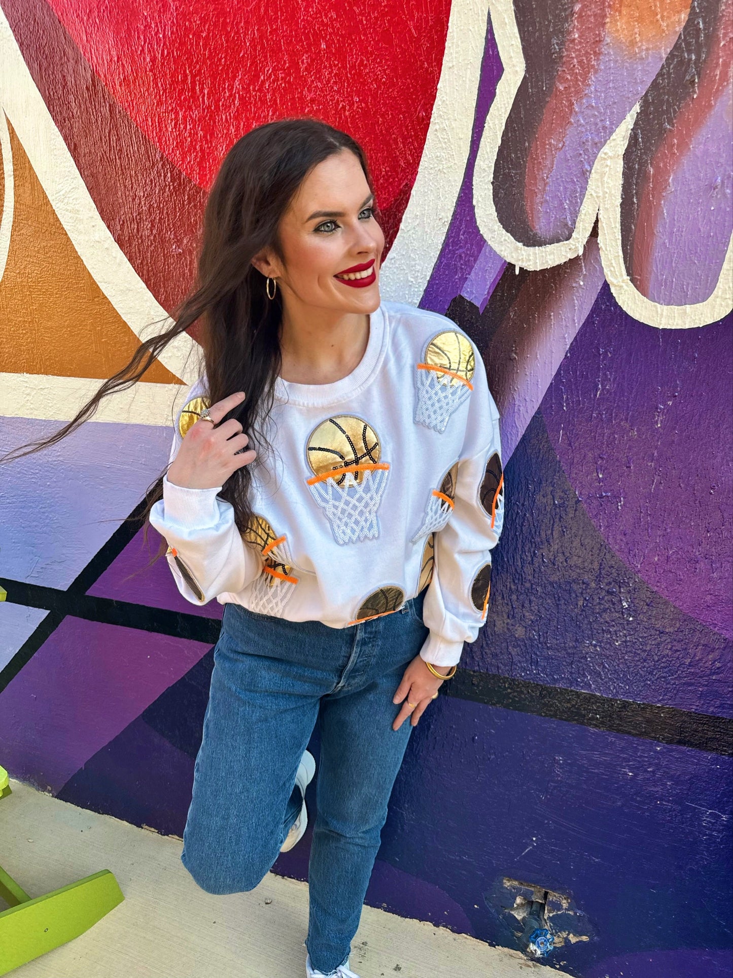 White Embroidered Basketball Sweatshirt