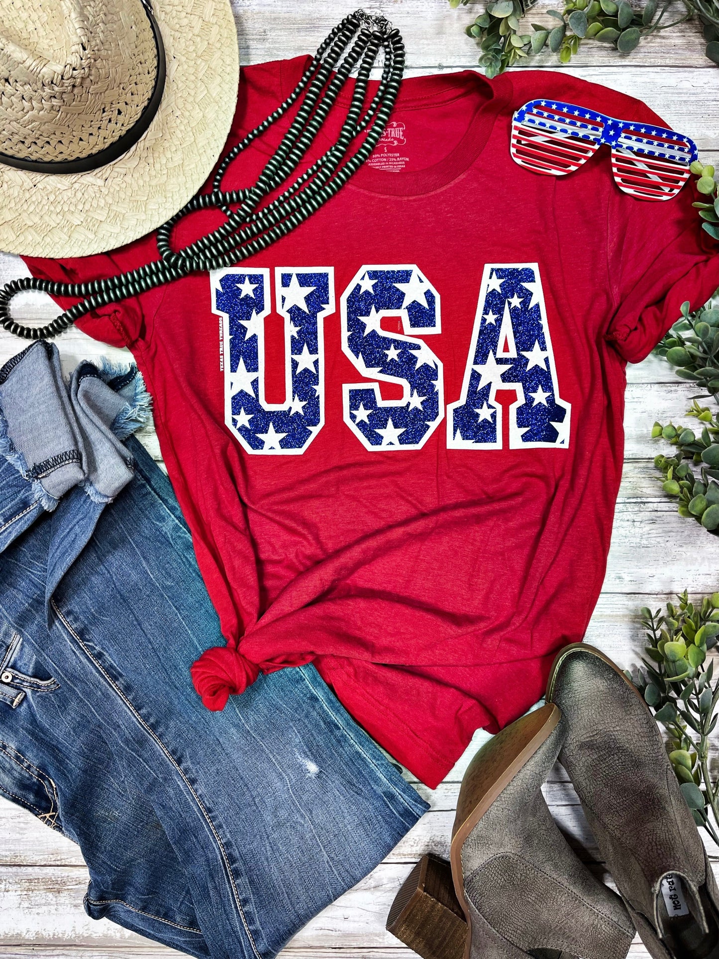 USA Tee & Tank with Stars in Blue Glitter