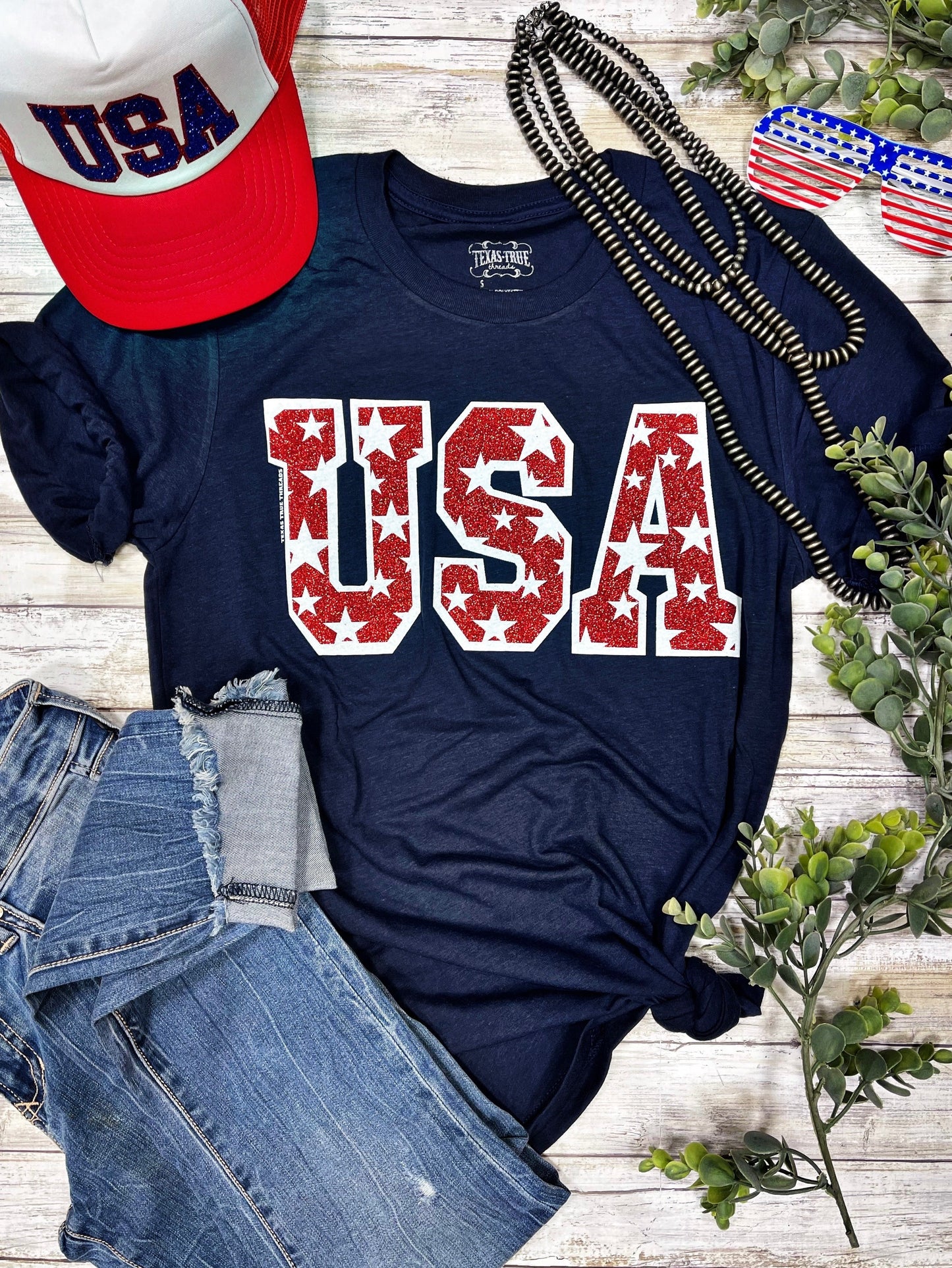 USA Tee & Tank with Stars in Red Glitter