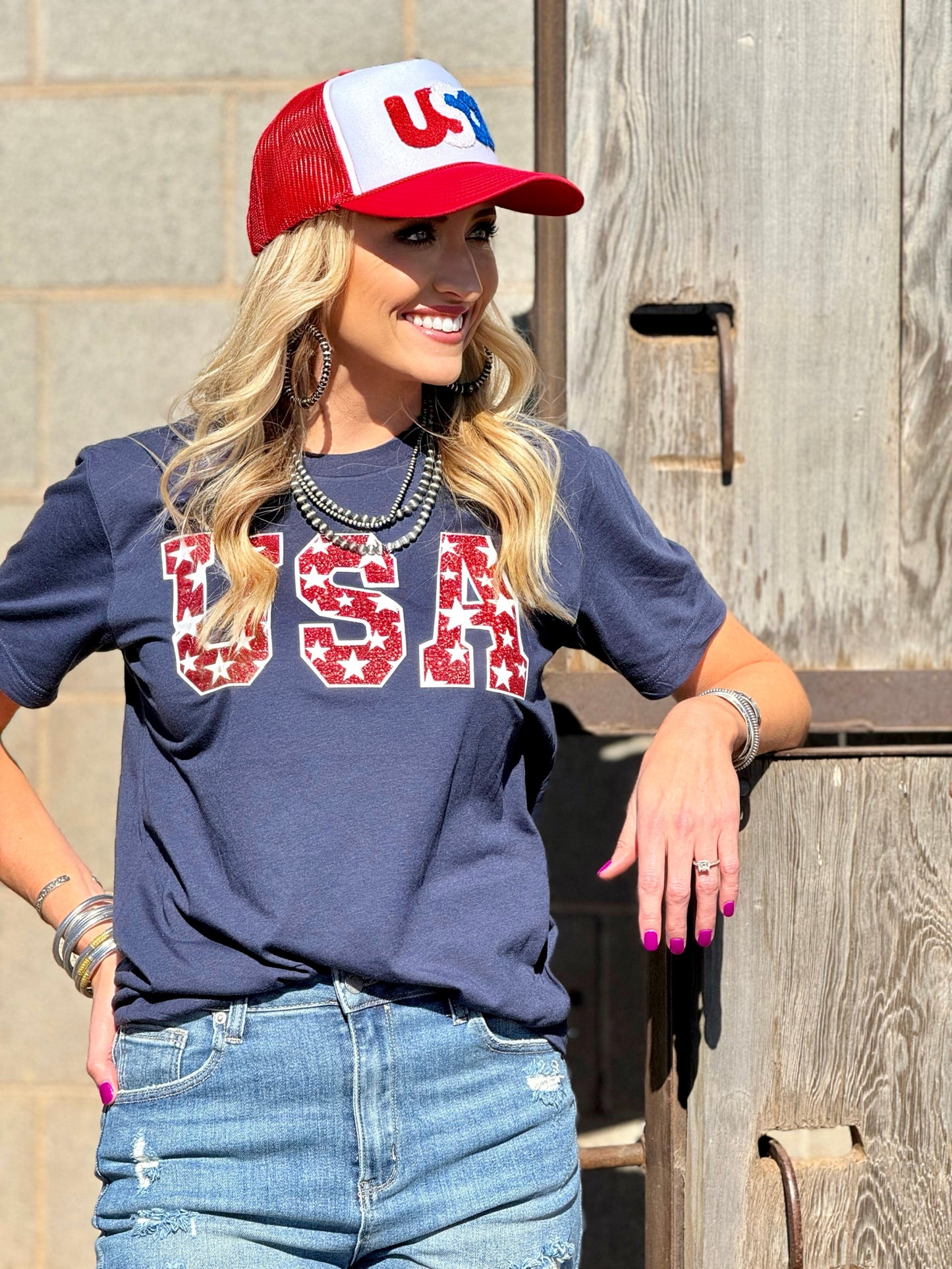 USA Tee & Tank with Stars in Red Glitter