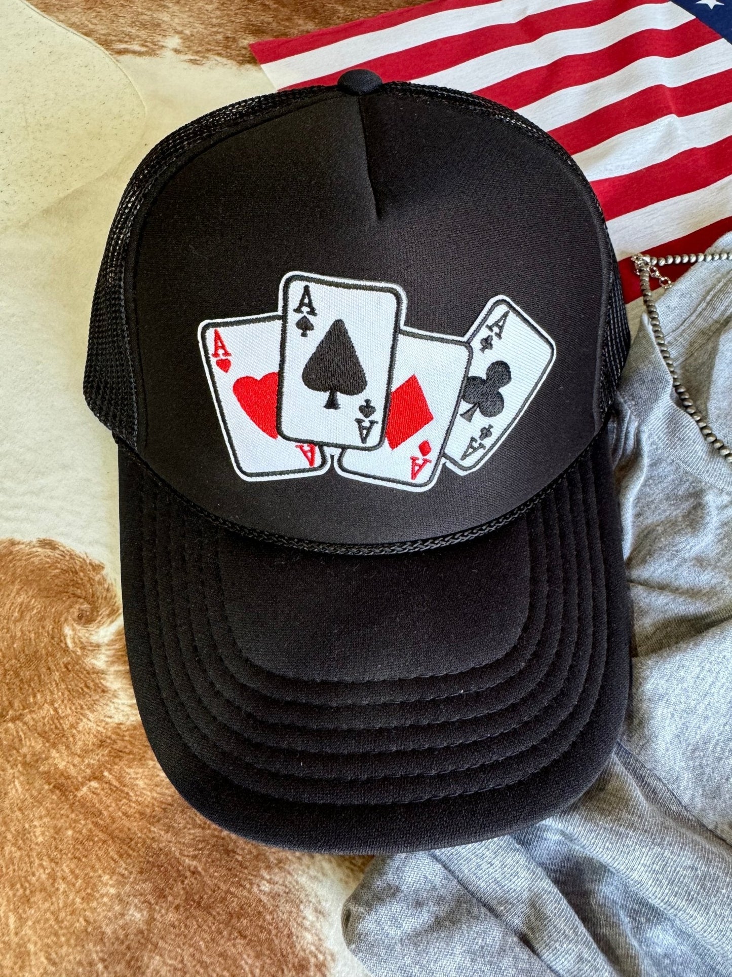 Lucky Aces Patch Trucker HatBlackOS