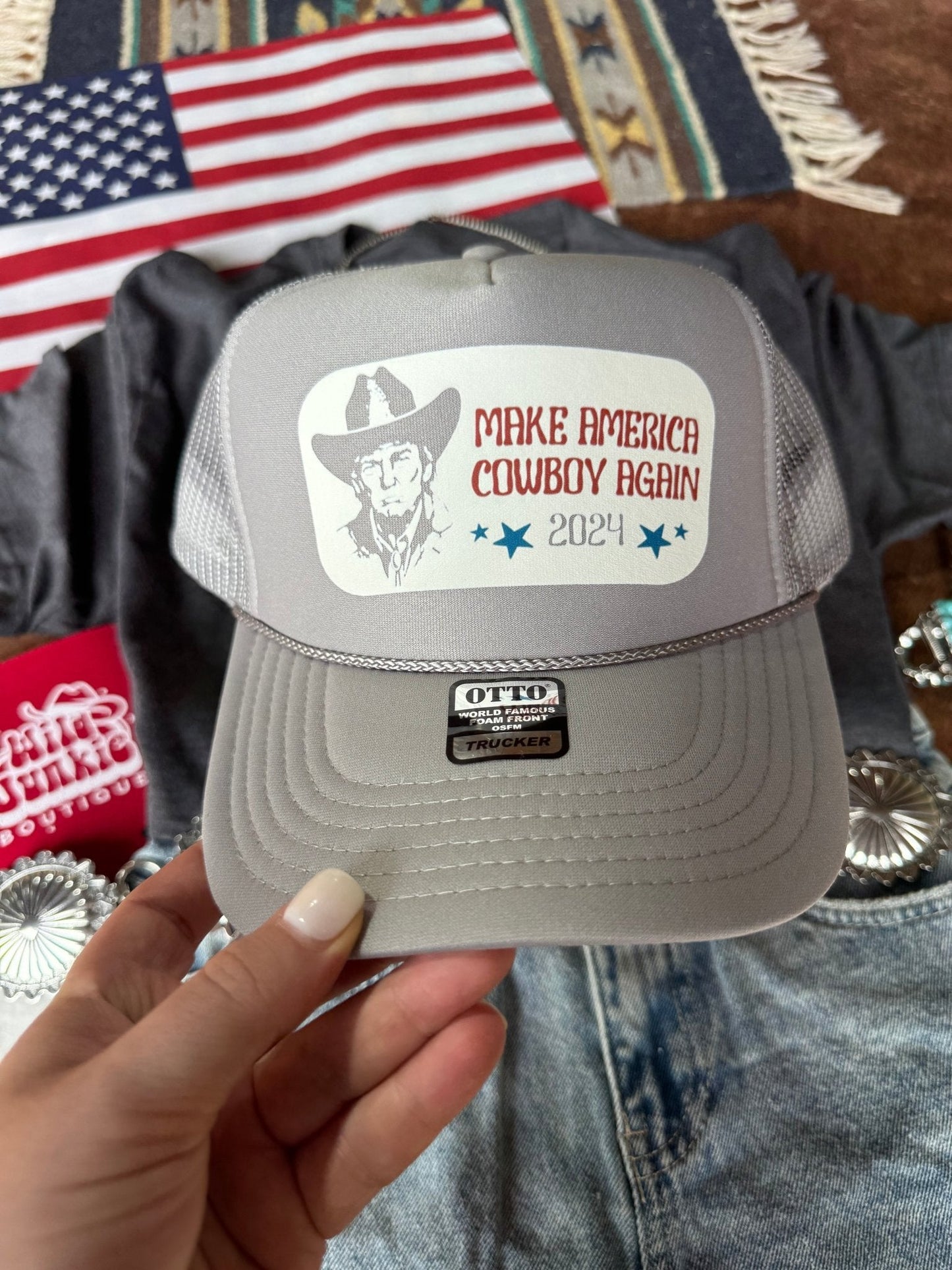 Make America Cowboy Again Trump Trucker HatGreyOS