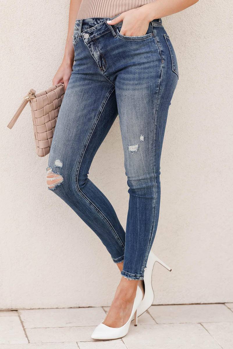 Asymmetric Button Zip Fly Distressed Skinny Jeans