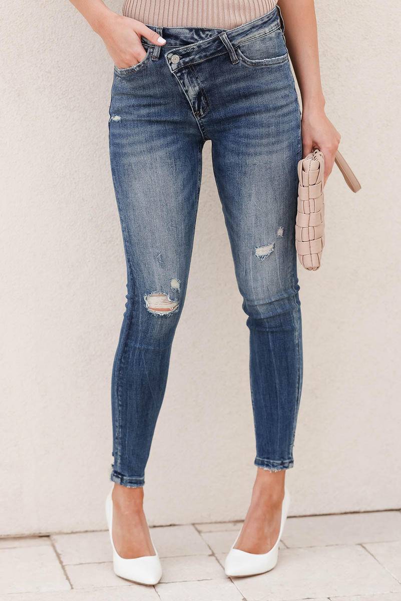 Asymmetric Button Zip Fly Distressed Skinny Jeans