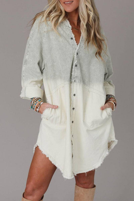 Gradient Long Sleeve Button Up Raw Hem Denim Dress