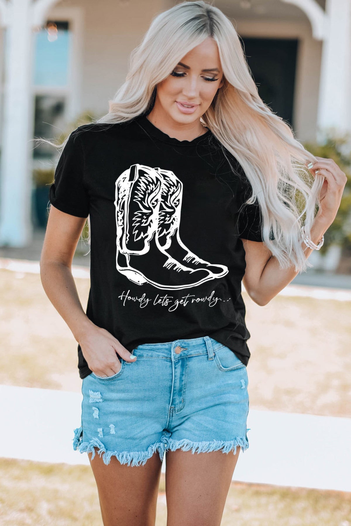 Western Boots Letter Graphic Print Crew Neck T Shirt