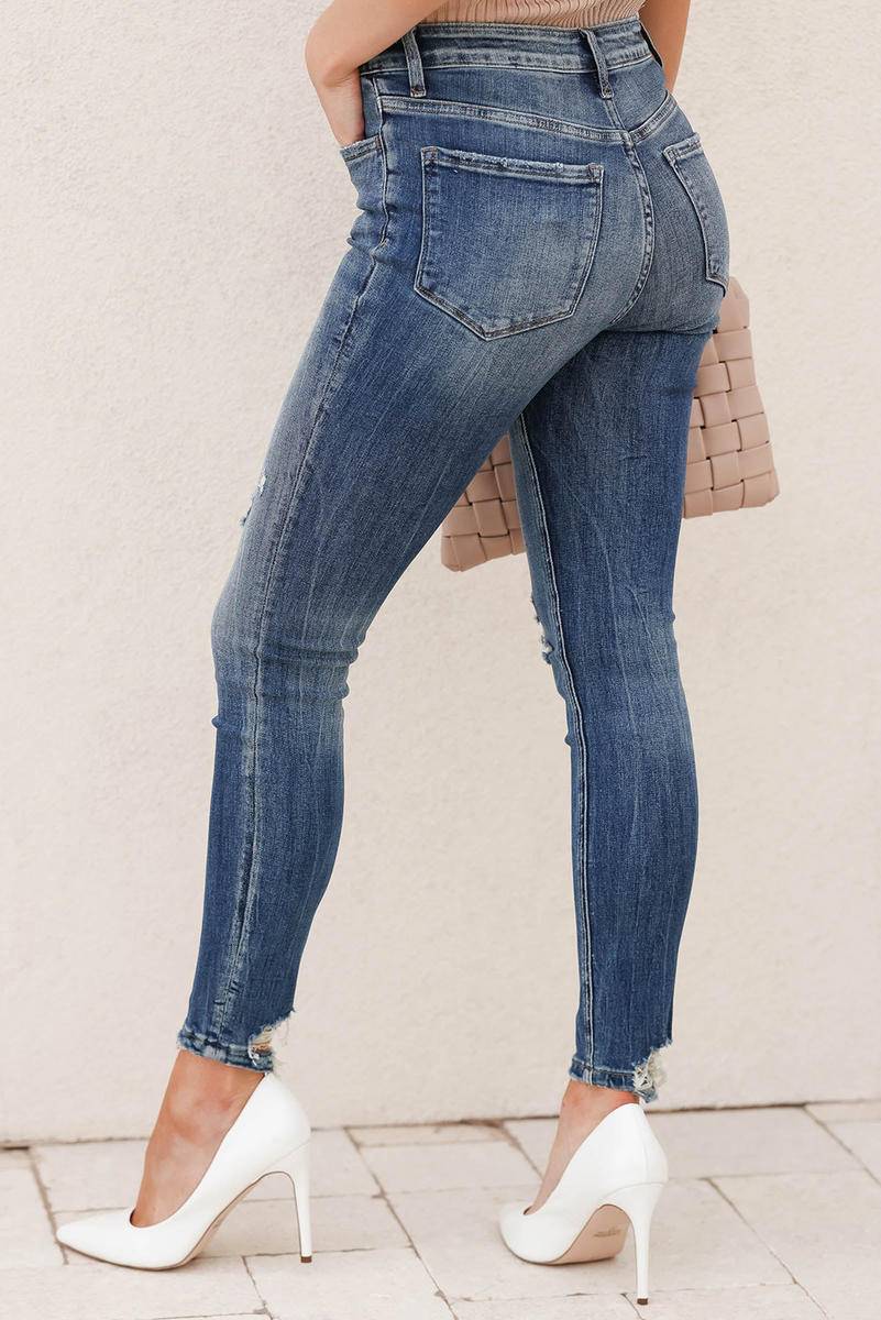 Asymmetric Button Zip Fly Distressed Skinny Jeans