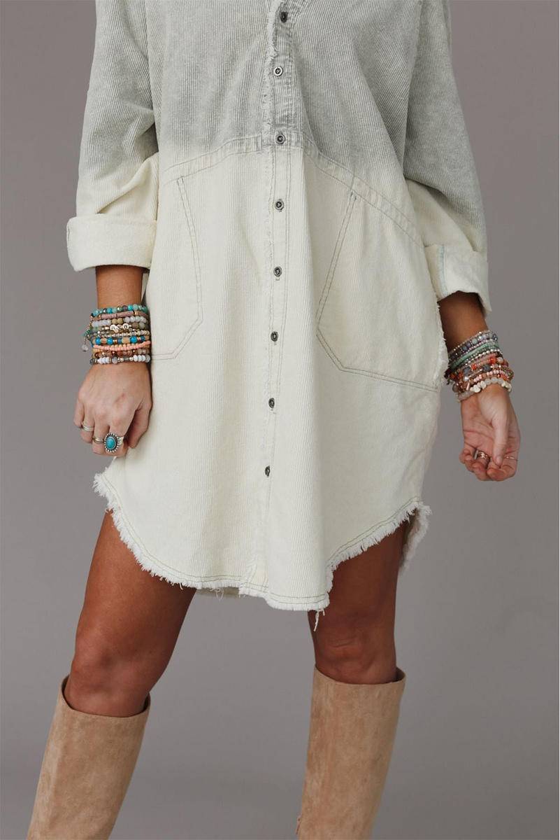 Gradient Long Sleeve Button Up Raw Hem Denim Dress