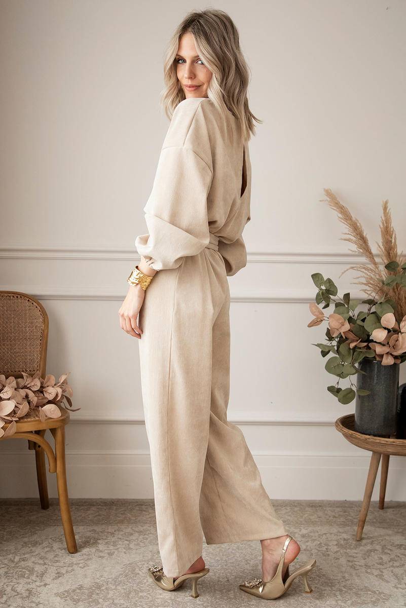 Keyhole Back V Neck Tie Waist Loose Jumpsuit