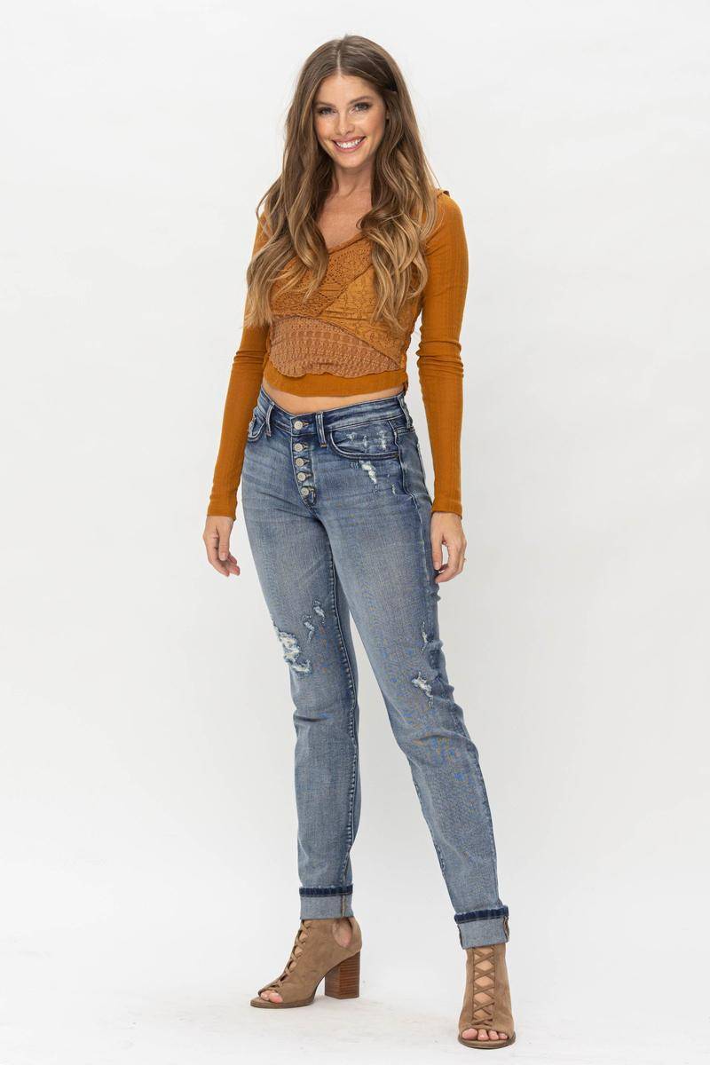 Judy Blue Mid-Rise Button Fly Contrast Wash Cuffed Boyfriend Jeans