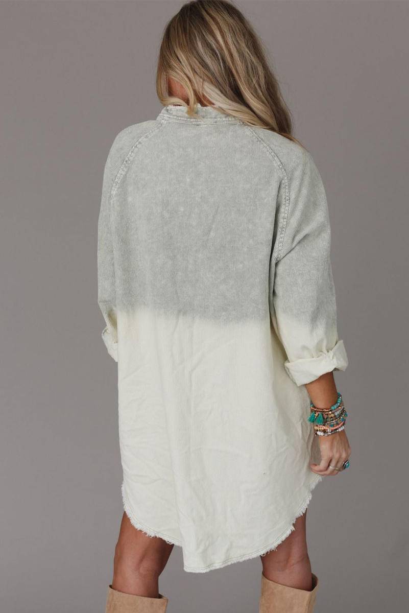 Gradient Long Sleeve Button Up Raw Hem Denim Dress